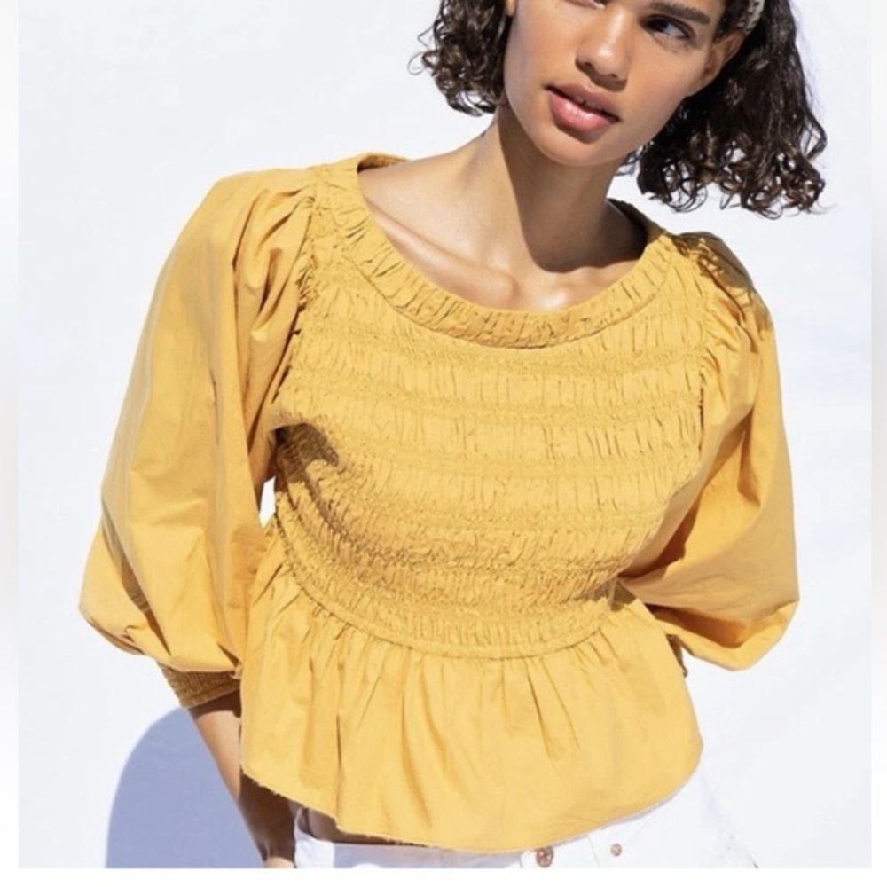Free People Mustard Smocked Peplum Puff Sleeve Top
